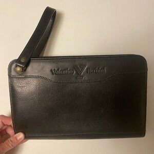 Valentino Nerbini Vintage Black Leather Wristlet Wallet Clutch Oversized